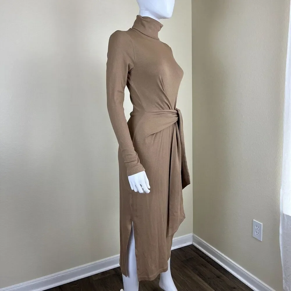 Ralph Lauren Womens Size M Camel Tie Front Turtleneck Sweater Bodycon Midi Dress